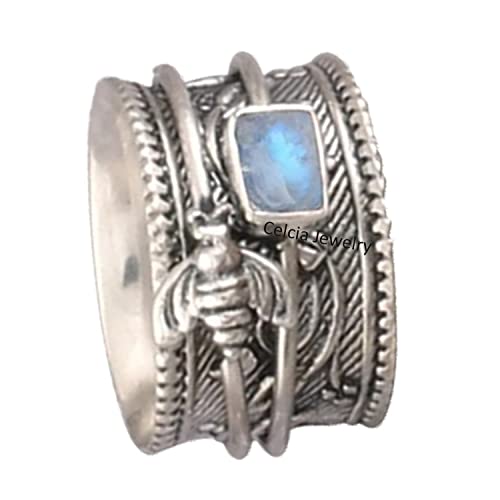 Anillo giratorio de piedra lunar genuina, plata de ley 925 pura Abeja de miel Boho Diseñador Hecho a mano Ansiedad Preocupación Meditación Pulgar Banda Joyería giratoria, Piedra natal de junio