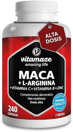 Triple Maca Negra, Amarilla y Roja – 4000mg de Maca Andina con L-Arginina + Vitamina C, B y Zinc – Fórmula para Vitalidad y Potencia Física – 240 Cápsulas de Calidad Alemnana- Vitamaze