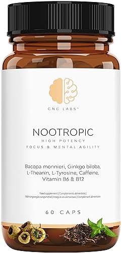 Nootropico Alta Potencia para Incrementar Energía, Concentración, Funcion Cerebral, Agilidad Mental & Memoria, con Ginkgo biloba, Tirosina, Teanina, Bacopa monnieri, Cafeína, B6 & B12