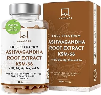 Ashwagandha KSM-66 1000mg (Extracto 10:1 Equivalente a 10,000mg por Porción) – 5% de Withanólidos – con Magnesio, Manganeso, Zinc y Vitamina B6, B1-120 Aswaghanda Capsulas